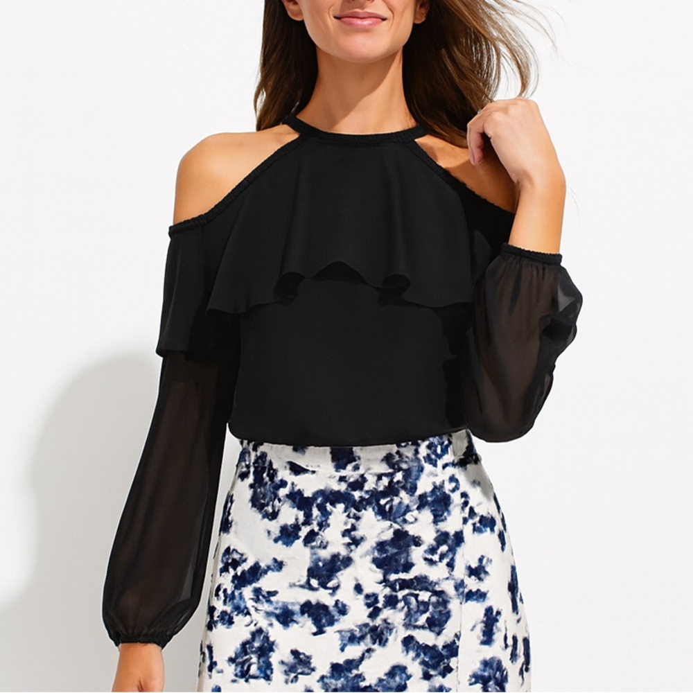 WHBM NWT Chic Black Cold Shoulder Ruffle Halter Sheer Blouse